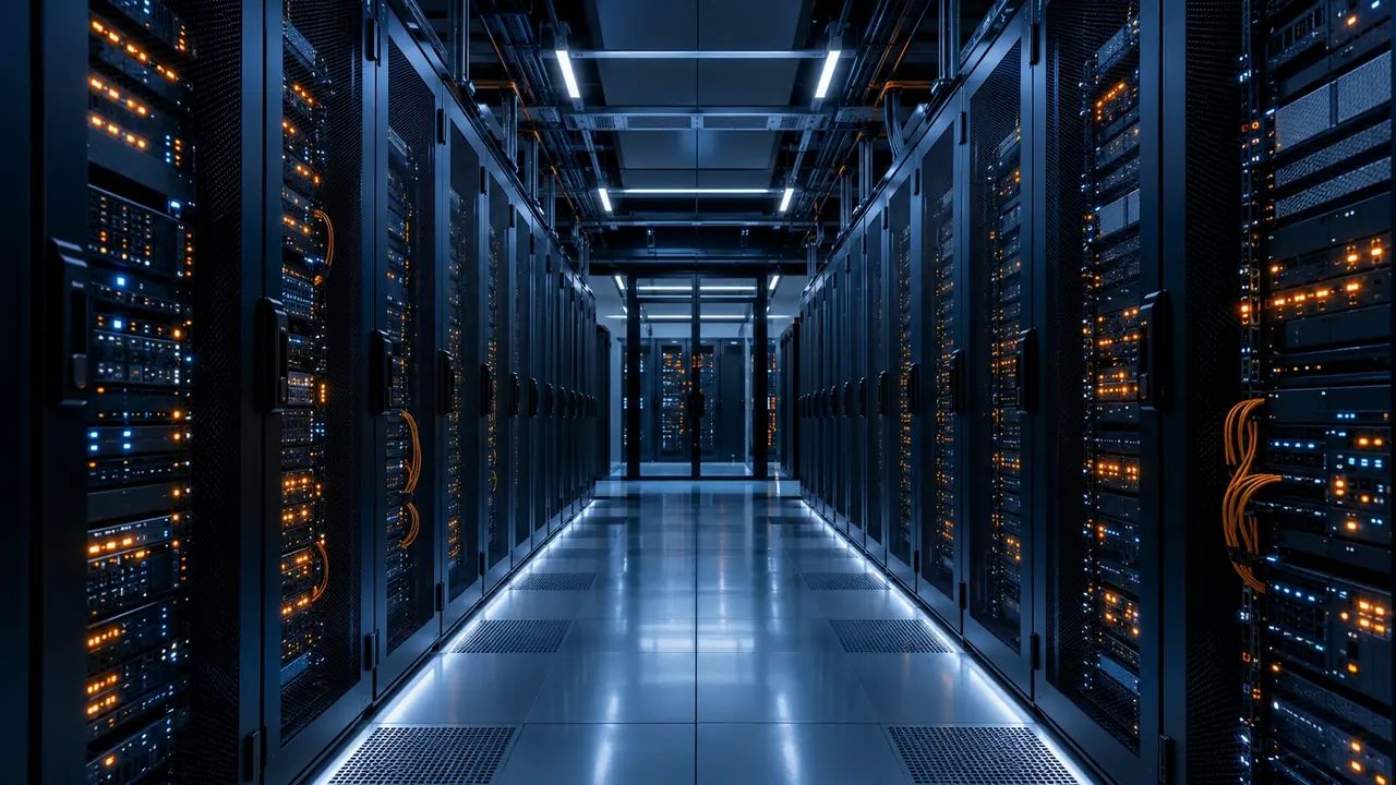 Moderner Serverraum mit beleuchteten Racks